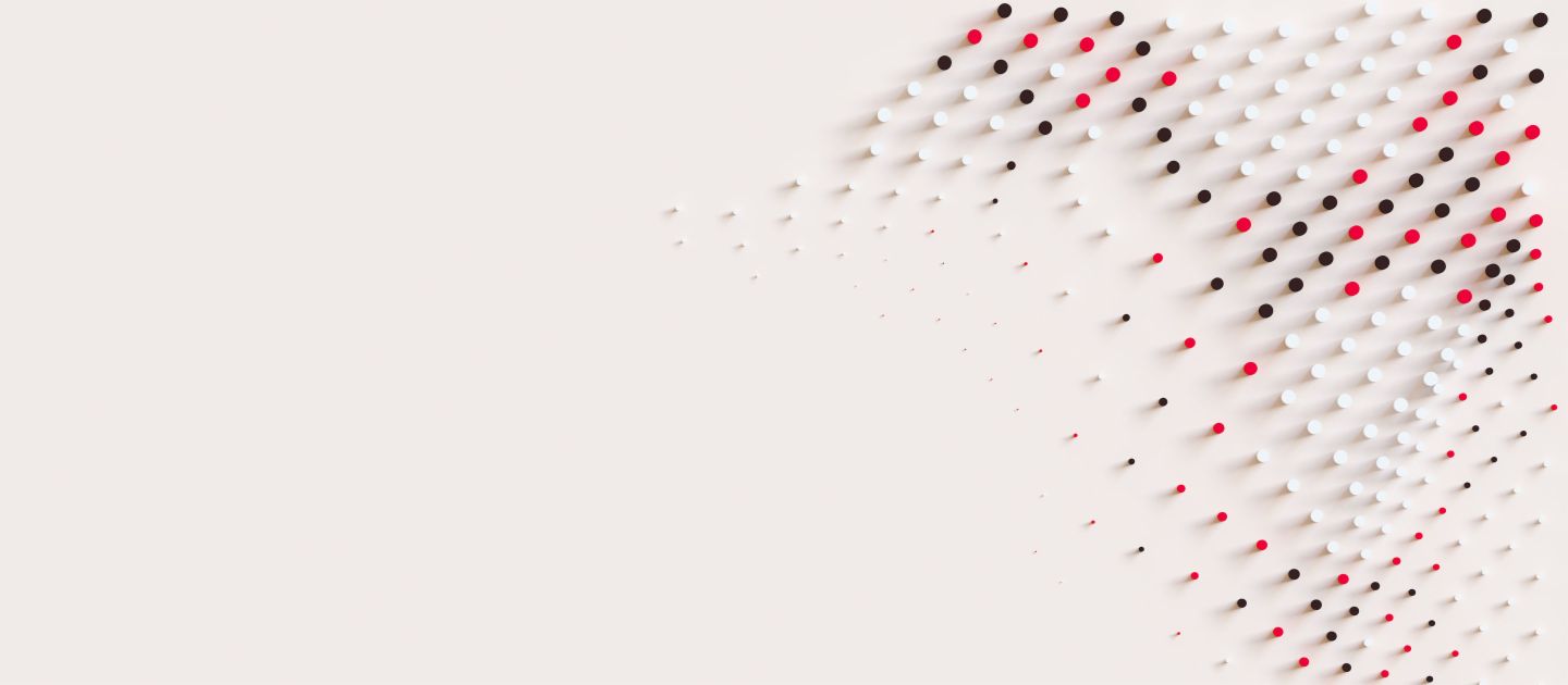 EOS ist ein internationaler Experte für Forderungsmanagement. Dynamische Grafik mit roten, weißen und schwarzen Punkten, die Bewegung und Innovation im Forderungsmanagement bei EOS symbolisiert